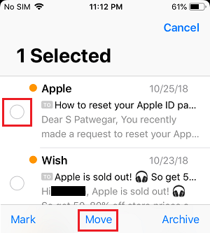 Нажмите и удерживайте параметр «Переместить» в приложении iPhone Mail