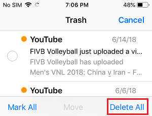 Удалить все электронные письма из корзины на iPhone