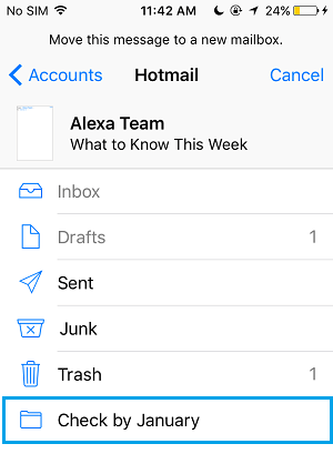 Переместить электронную почту в новую папку почты на iPhone