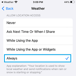 Всегда разрешать приложению «Погода» доступ к местоположению на iPhone