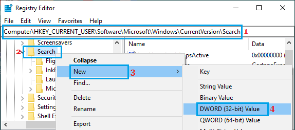 Создайте новый DWORD в реестре поиска Windows 