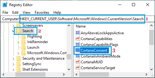 Откройте запись CortanaConsent в реестре Windows.