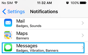 Параметр «Сообщения» на экране уведомлений на iPhone