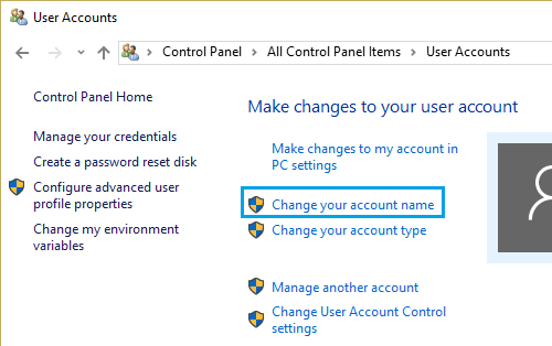 Изменить параметр имени учетной записи в Windows 10