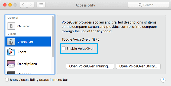Отключить VoiceOver на экране специальных возможностей Mac