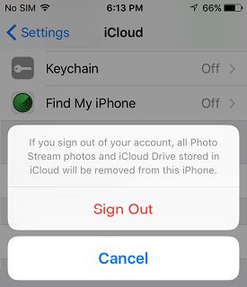 Подтвердите выход из iCloud