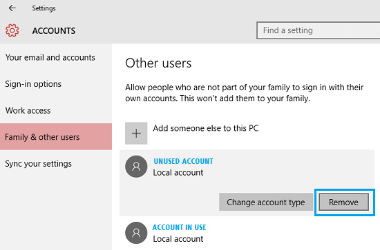 Удалить параметр учетной записи пользователя в Windows 10