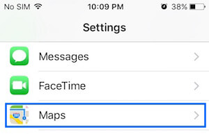 Опция «Карты» на экране настроек iPhone