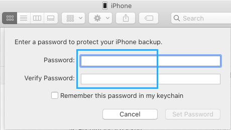 Настройка зашифрованного пароля для резервного копирования iPhone на Mac
