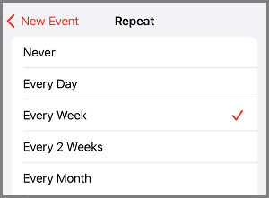 Выберите частоту повторения события календаря на iPhone