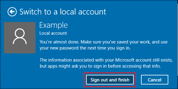 Переключиться на локальную учетную запись пользователя в Windows 10
