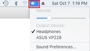 Значок звука в верхней строке меню на Mac