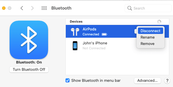 Отключить AirPods от Mac