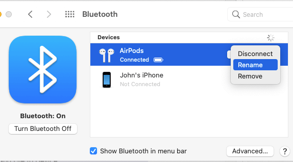 Переименовать AirPods на Mac