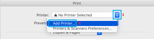Добавить принтер на Mac с помощью команды печати