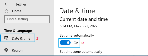 Установите время автоматически в Windows 10