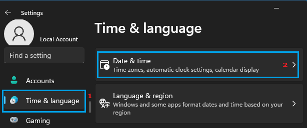 Опция настройки даты и времени в Windows 11