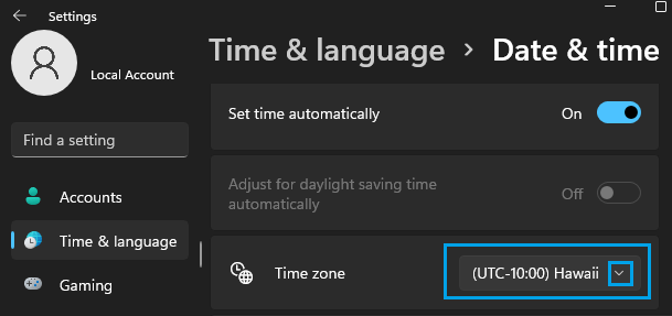 Выберите параметр часового пояса в Windows 11