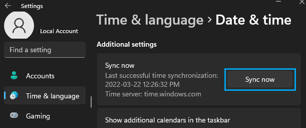 Опция синхронизации времени в Windows 11