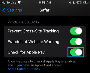 Включить проверку Apple Pay в Safari на iPhone
